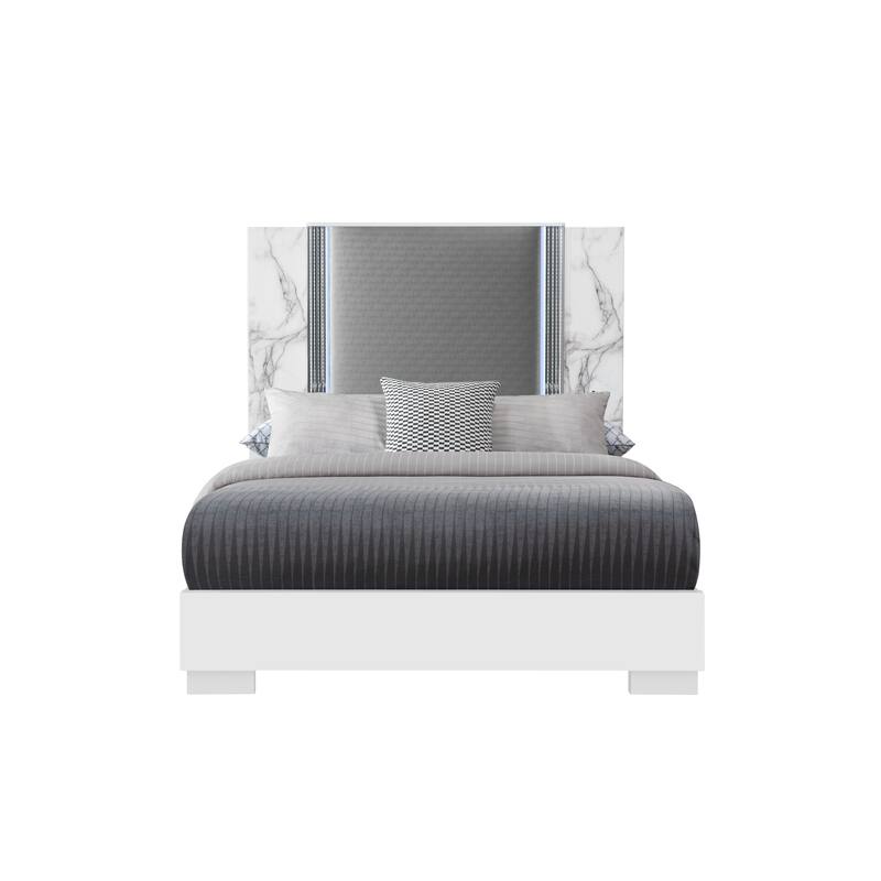 HomeRoots White and Gray Faux Marble And Upholstery Lighted Queen Bed Frame