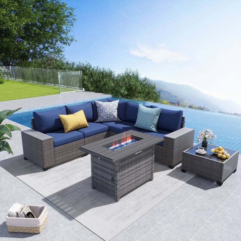7-Piece 5 Person Patio Free Combination Wicker Conversation Set With Waterproof Cushions and Firepit Table
