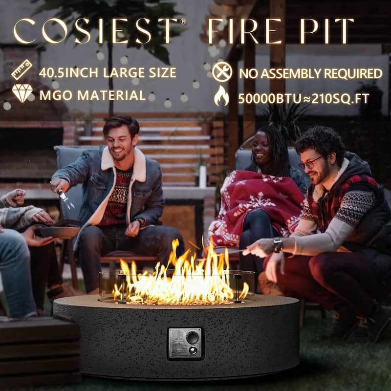COSIEST Ecru Round Outdoor Propane Fire Pit with Wind Guard