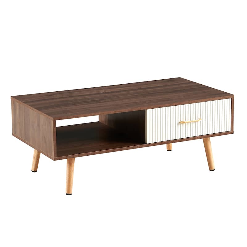 Modern Coffee Table with Drawer for Living Room,Solid Wood Legs
