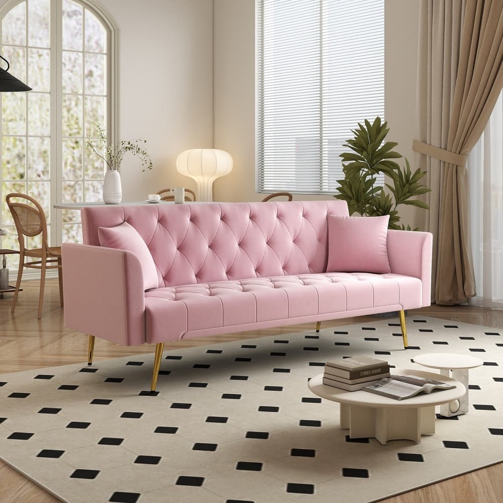 72" Modern Convertible Velvet Tufted Sofa with 2 Pillows