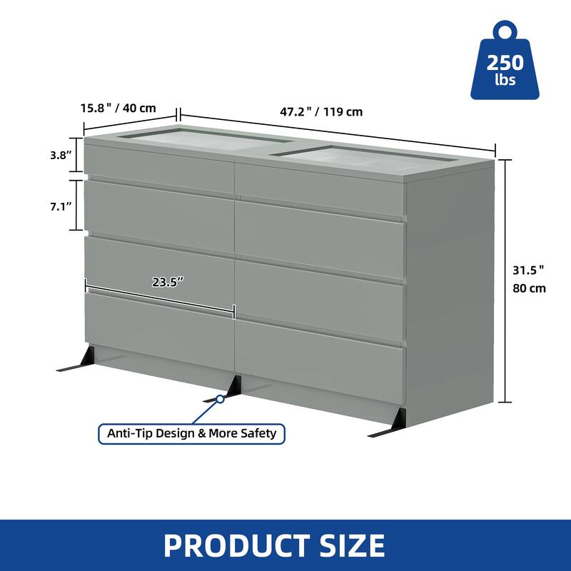 Moasis 8 Drawer High Gloss Dresser with RGB LED Light for Modern Bedroom Storage