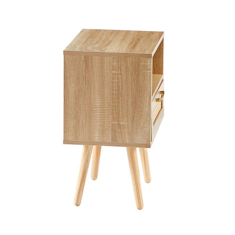 15.75" Rattan End table with drawer and solid wood legs, Modern nightstand, side table