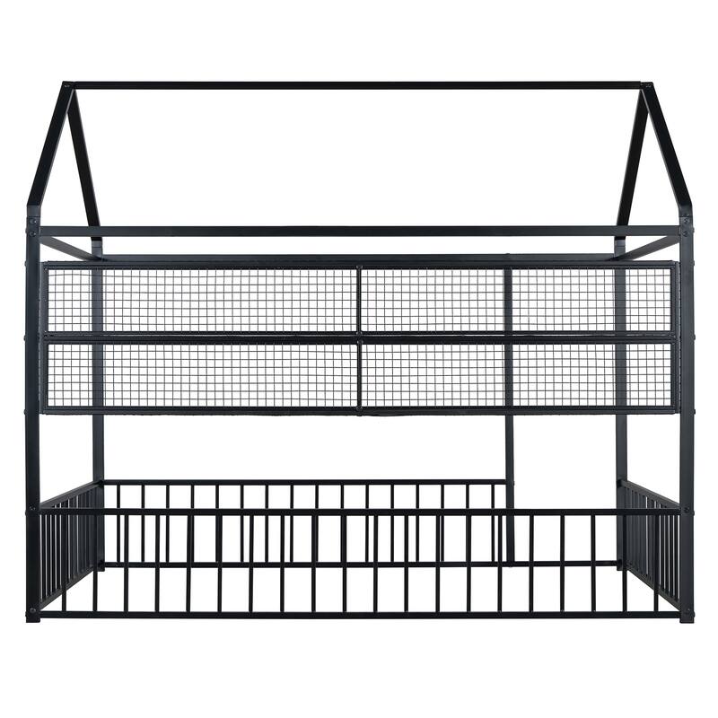 Full Size Metal House Bed Frame with Built-In Grid Shelves, Playful Canopy Design and Space-Saving Storage