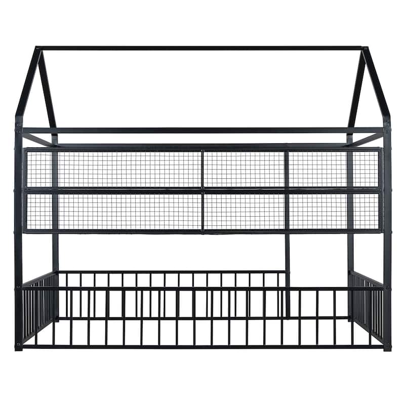 Montessori Floor Bed with Storage Shelves, Metal House Bed Frame with Fence, Space-Saving Design for Kids Girls Boys