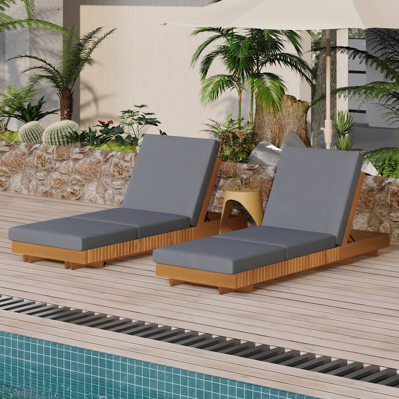 Christopher Knight Home - Kim Lounge Chaise Modern Outdoor Solid Wood Set with Triple-Fold Lounge Cushion - Dark Grey + Set of 2 + Triple Folds