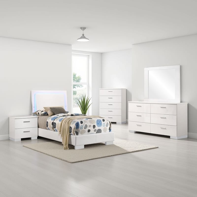 Sok 5pc Twin Bedroom Set with Blue LED Lights, White High Gloss Wood