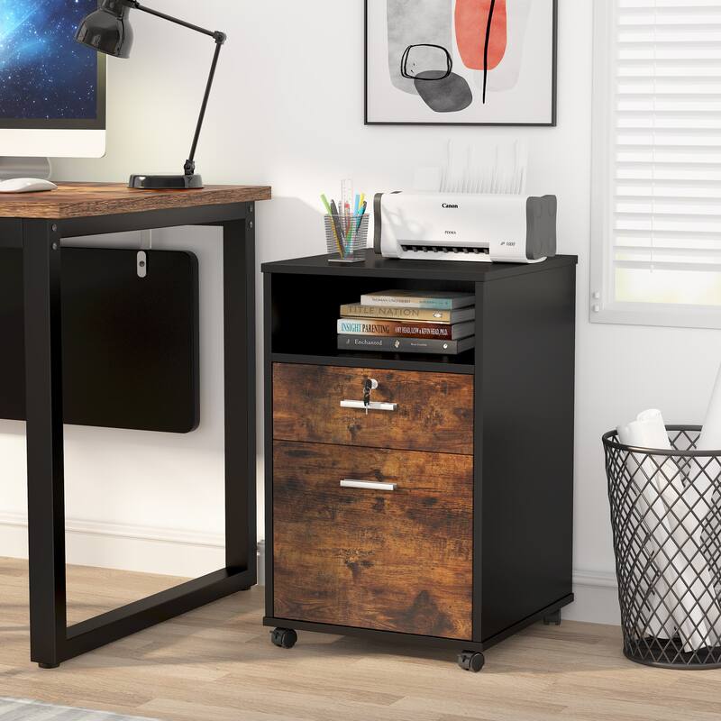 2 Drawer Mobile File Cabinet with Lock Printer Stand with Rolling Wheels - Rustic Brown