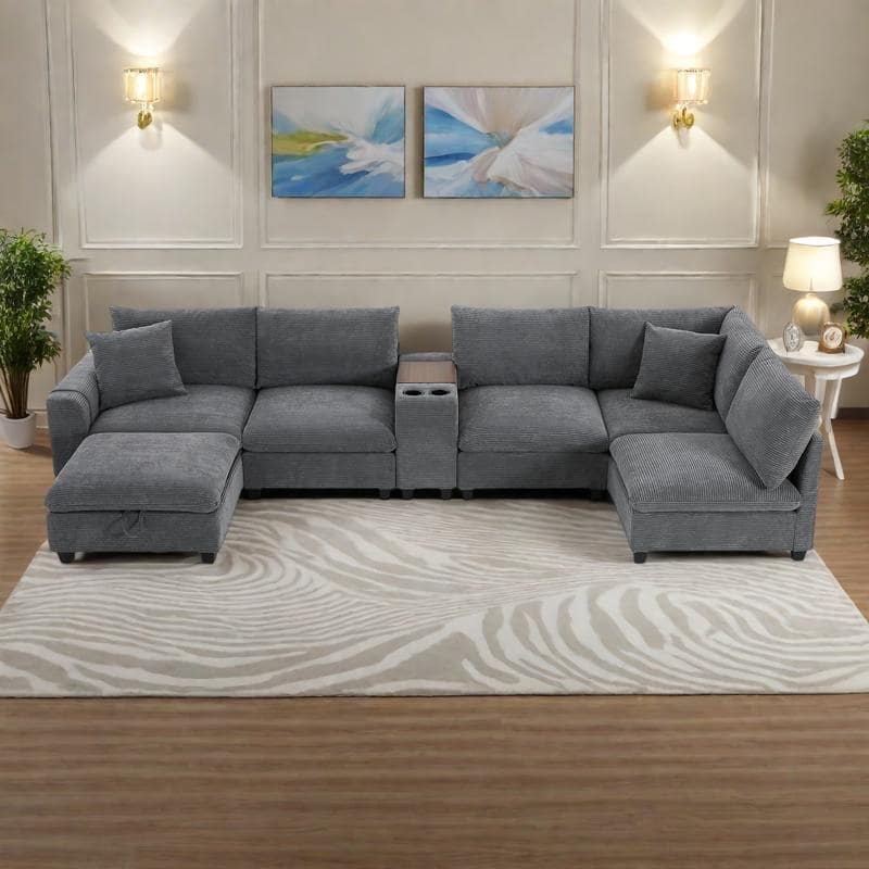 140" Corduroy U-Shaped Modular Sectional Sofa with Storage Ottoman & Console,and USB Charger, Cup Holders & 30" Wide Seats