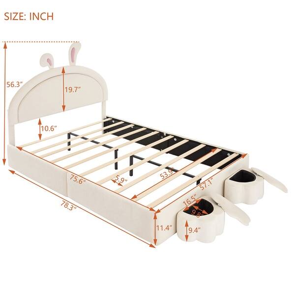 dimension image slide 1 of 2, Full Size Upholstered Velvet Platform Bed with 2 Storage Stools
