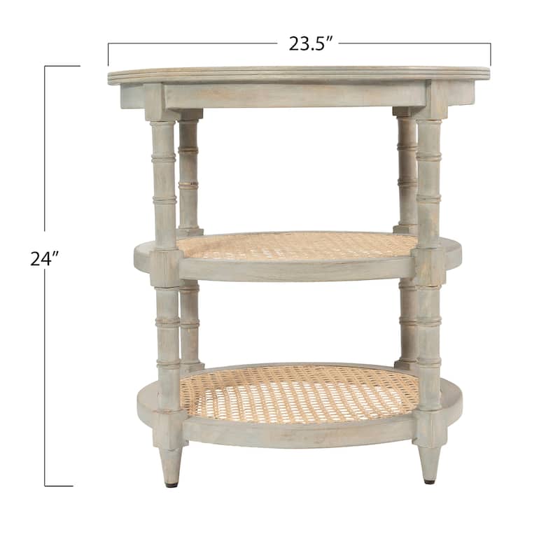 Round Mango Wood Table with 2 Cane Shelves