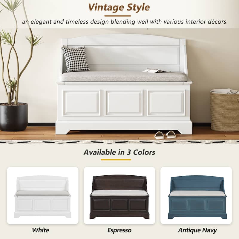 Retro Wooden Shoe Storage Bench with Linen Cushion, Safe Soft-Close Lift Top & Hidden Compartments for Entryway or Hallway