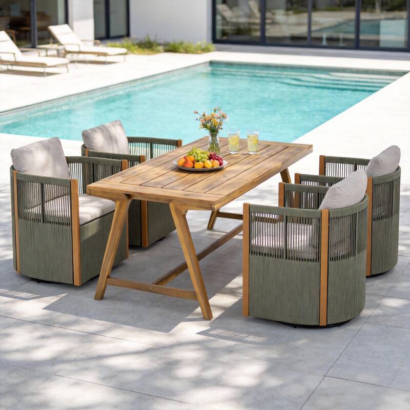 Christopher Knight Home - Maris 5-Piece Outdoor Acacia Wood Swivel Dining Set with 70.75" Rectangular Slat Table and Cushions