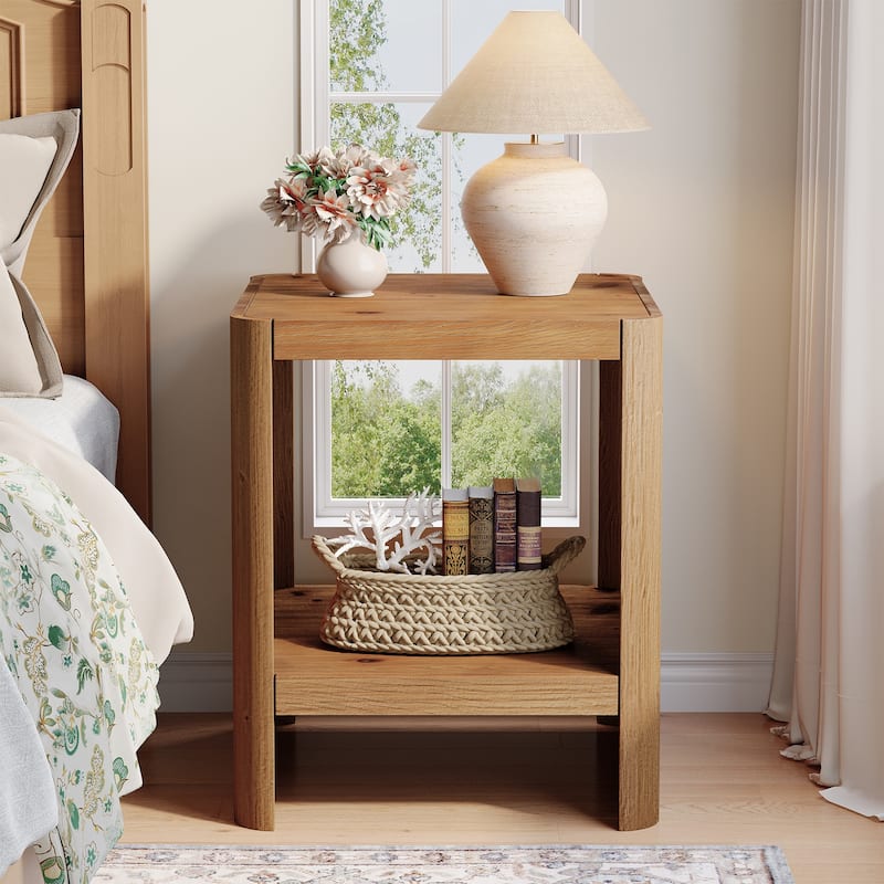 Solid Wood End Table, 2-Tier Small Side Table with Open Storage Shelf