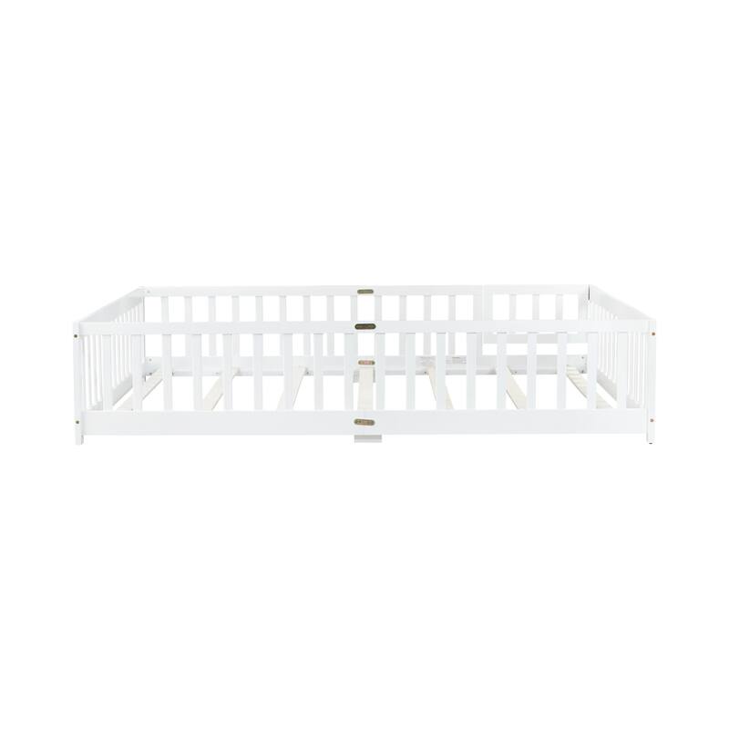 Queen Size Floor Bed with Fence,Door,Rubber Wood Floor Bed with Safety Guardrails