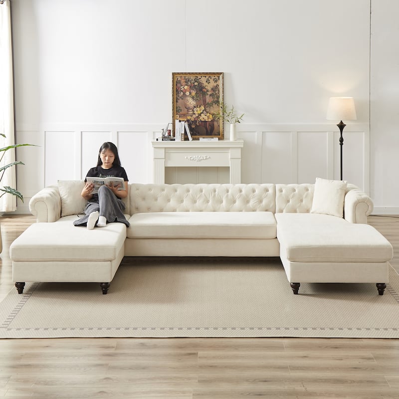 Chenille U-Shaped 5-Seater Sofa with Pull Point Design and Wooden Legs - Beige