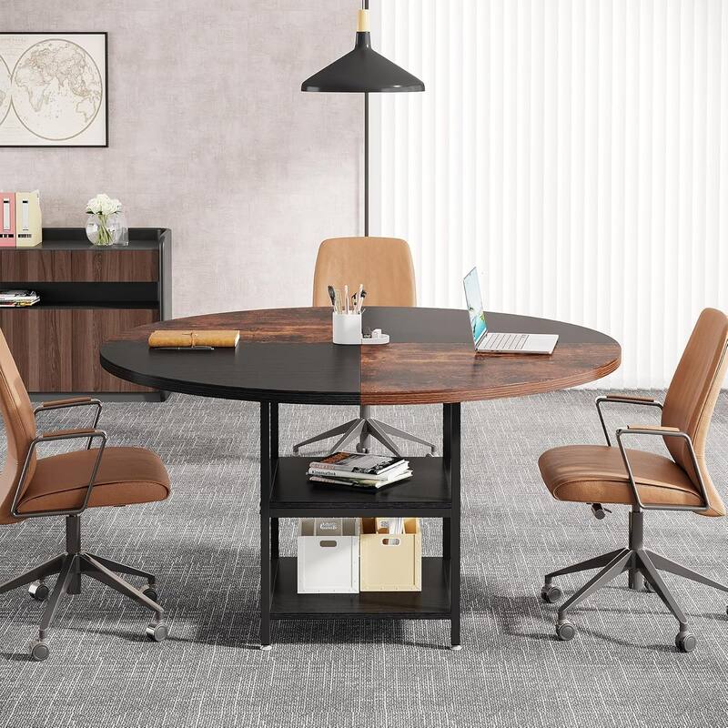 47-Inch Round Wood Conference Table with Storage Shelf Office Training Desk for Conference/Seminar Room