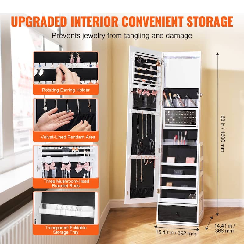 3-in-1 Functionality Freestanding Rotating Jewelry Mirror with Lockable Storage and Ample Ring Slots - 15.35 x 14.4 x 63 in