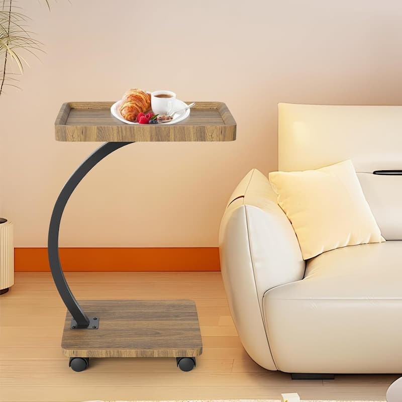 C-Shaped Side Table with Wheels, End Table for Small Spaces