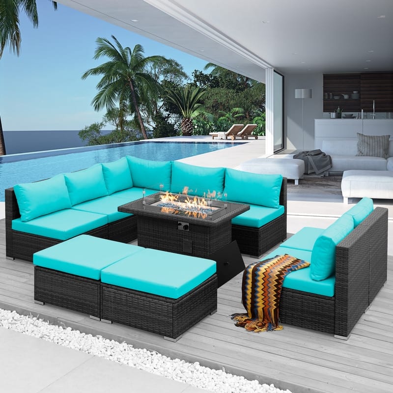 FINCATI 10-piece High Back Oversized Patio Furniture Conversation Set Outdoor Sectional Sofa with Fire Pit Table - Teal