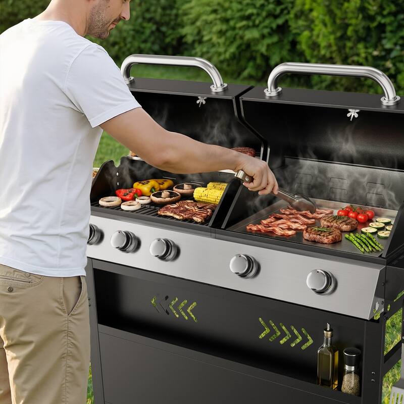 64-Inch 5-Burner Outdoor Gas Grill with Left BBQ & Right Teppanyaki Griddle for Patio, Garden, Backyard