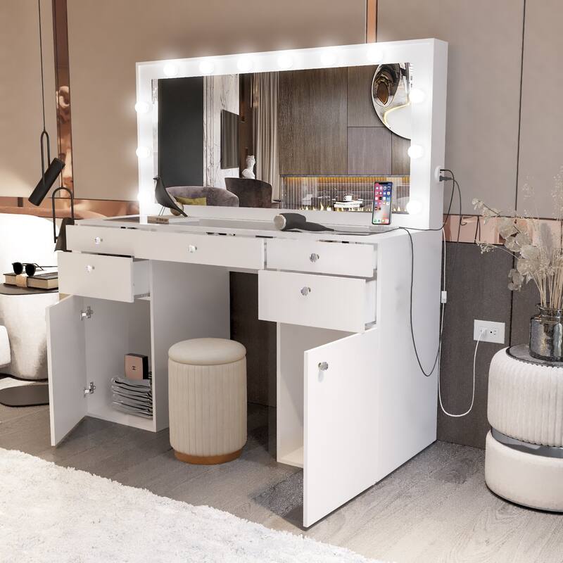 Hollywood Large Makeup Vanity Desk with 12 Light Bulbs; Modern Dressing Table with Multiple Storage Drawers & Crystal Knobs