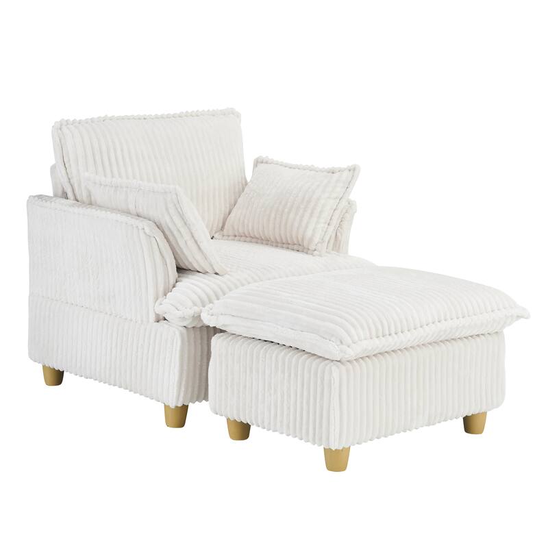 Single-seat Beige Corduroy Sofa with Ottoman and Throw Pillows