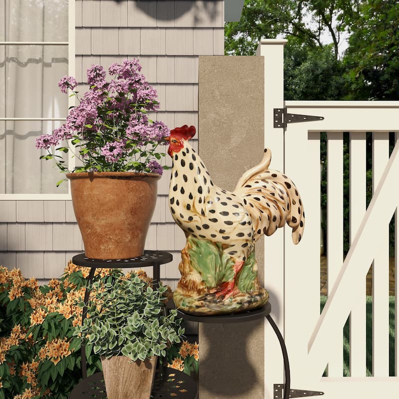 Ceramic Rooster Spotted Indoor Outdoor Decorative Garden Sculpture with Black and Red Accents - Beige - Roche River Decor