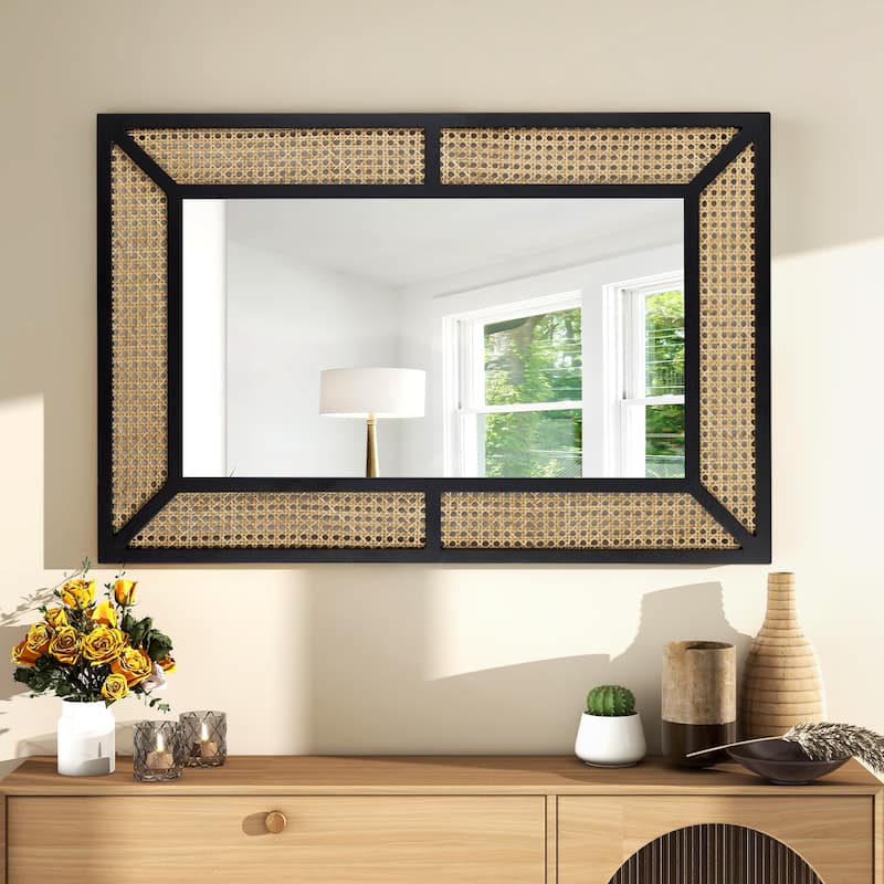 Large Rattan Wall Mirror Bohemian Square Accent Mirror for Wall Decor - 23.6"×35.5" - Black