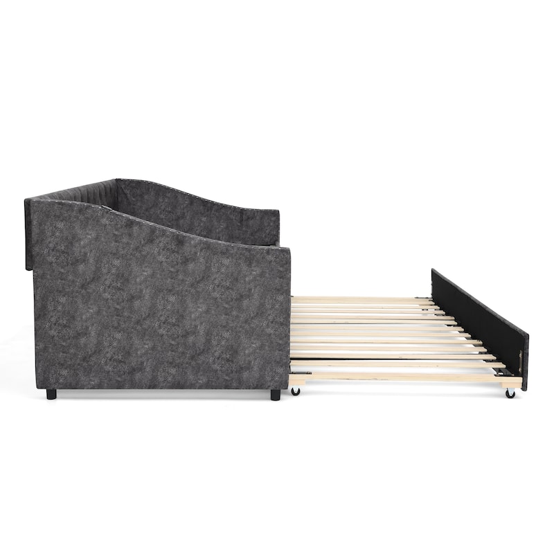 Twin Size Daybed with Pull Out Bed Trundle, Upholstered Button-Tufted Backrest Sofa Bed with Nailhead Trim & USB Charging Ports