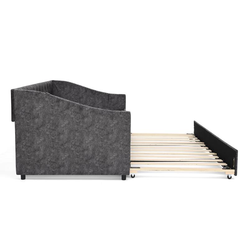 Twin Size Extendable Daybed with Pull-Out Bed, USB Charging Ports, Button Tufted Back & Nailhead Trim