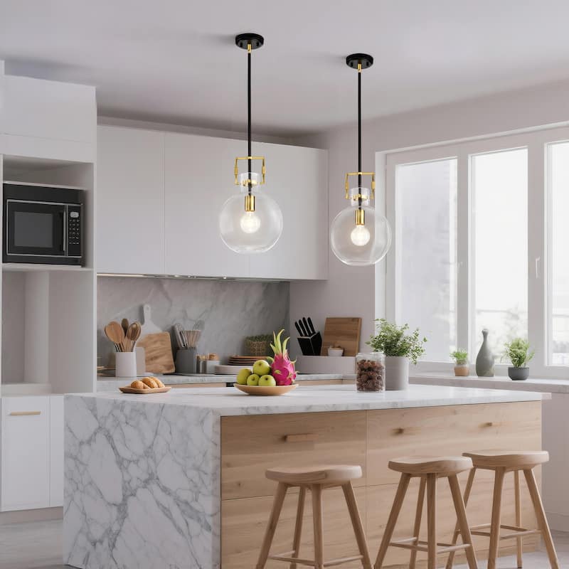 Black and Antique Gold 1-Light 10 Inch Globe Shaped Clear Glass Pendant