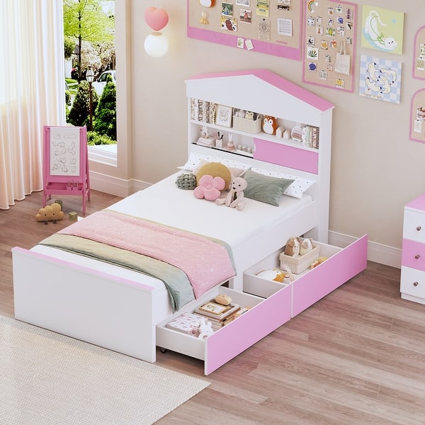 slide 2 of 22, Twin Size House-Shaped Wooden Kids Bed Frame with Storage Shelf on the Headboard and Built-in Two Storage Drawers Pink