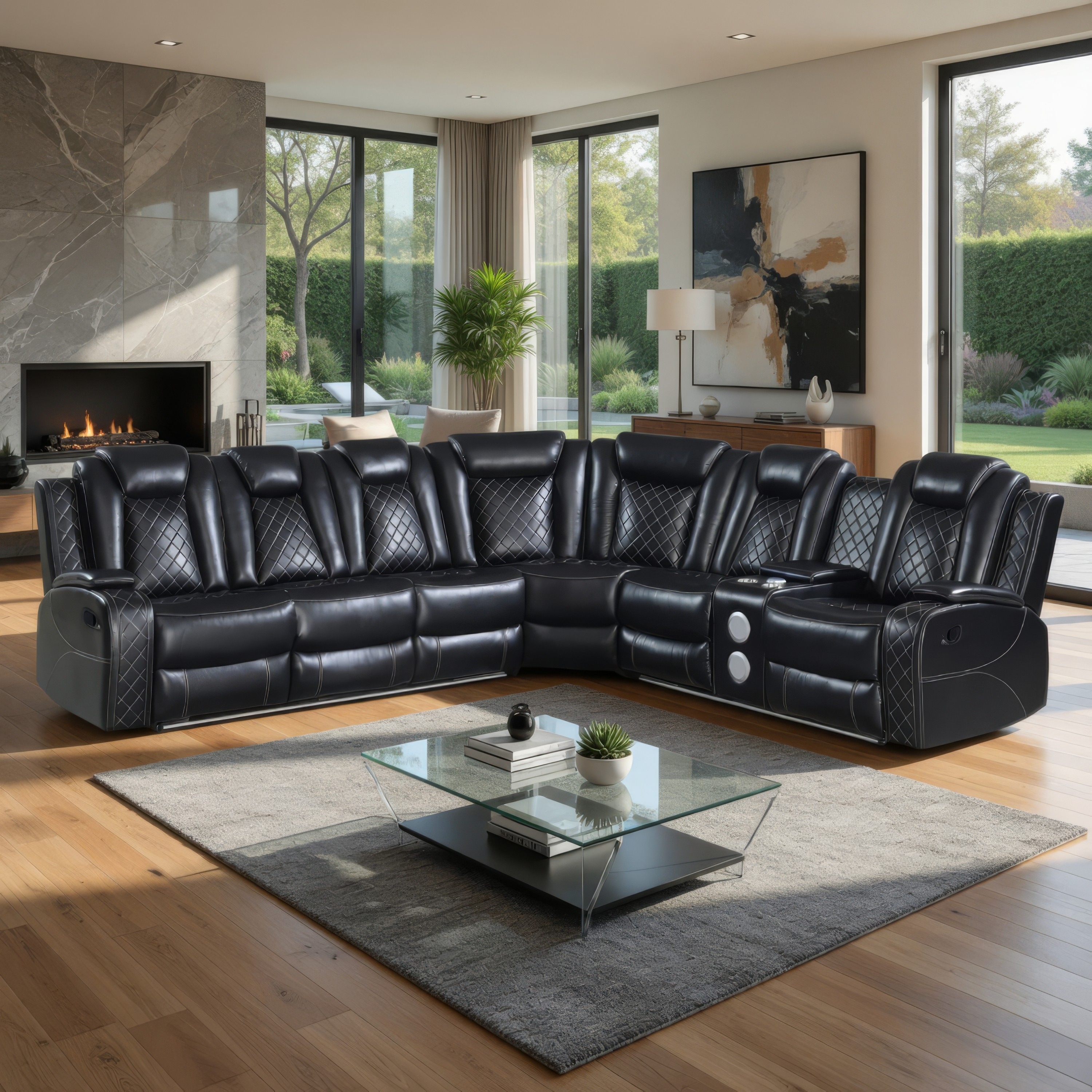 Ronie Black 3pc Sectional Dual Power Reclining Sofa, Cupholders, Speaker