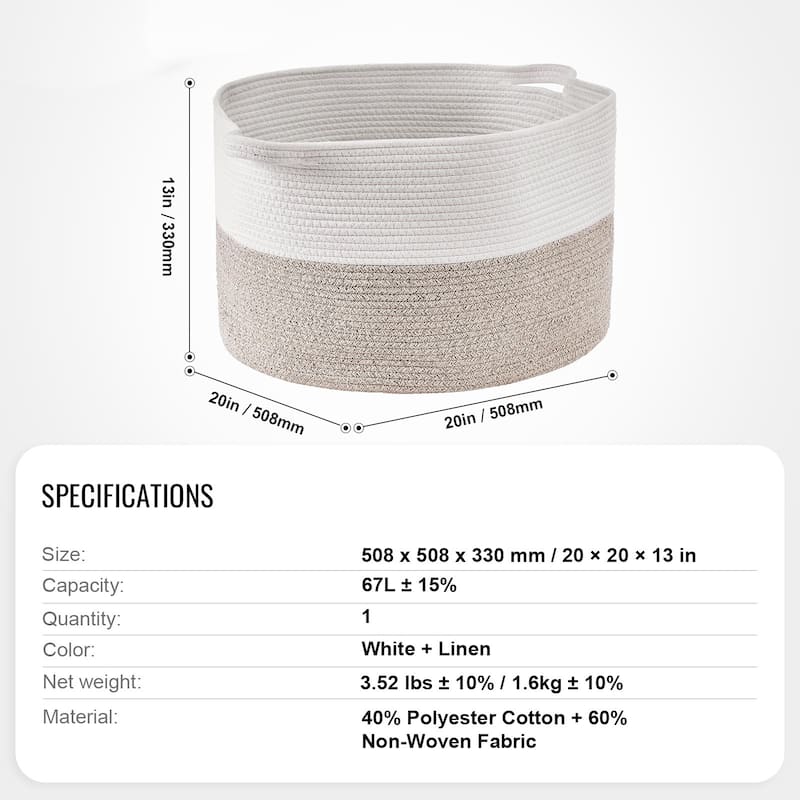 Foldable Cotton Rope Basket 67L for Laundry and Home Storage - 20 x 20 x 13 in