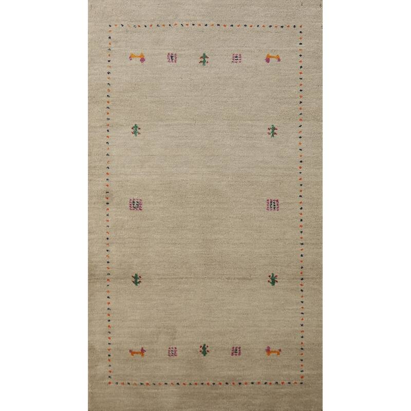 Hand Knotted Oriental 100% Wool Carpet Tribal Animal Pictorial Beige & Ivories Gabbeh Area Rug - 4' 10'' X 2' 9''