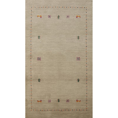 Hand Knotted Oriental 100% Wool Carpet Tribal Animal Pictorial Beige & Ivories Gabbeh Area Rug - 4' 10'' X 2' 9''