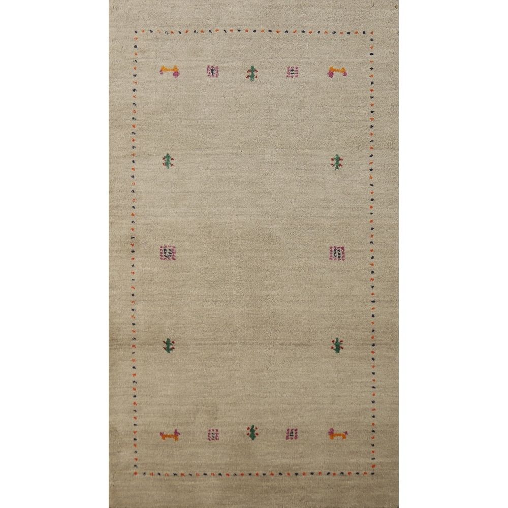 Hand Knotted Oriental 100% Wool Carpet Tribal Animal Pictorial Beige & Ivories Gabbeh Area Rug - 4' 10'' X 2' 9''