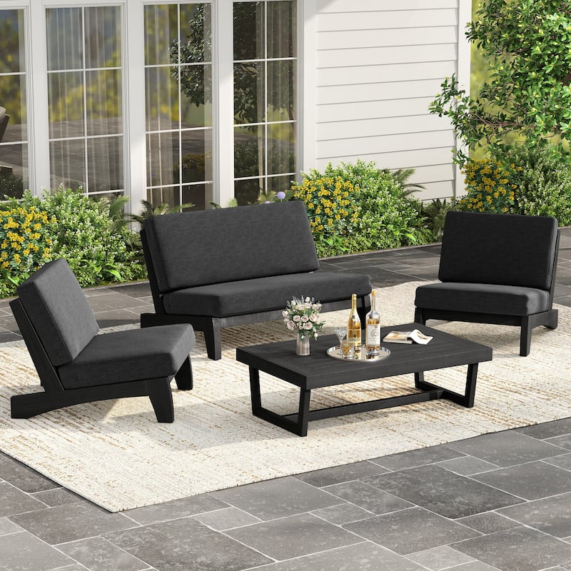 4 Piece Outdoor Wood Loveseat Chair Conversation Set with Cushion - Dark Wood - Dark Grey