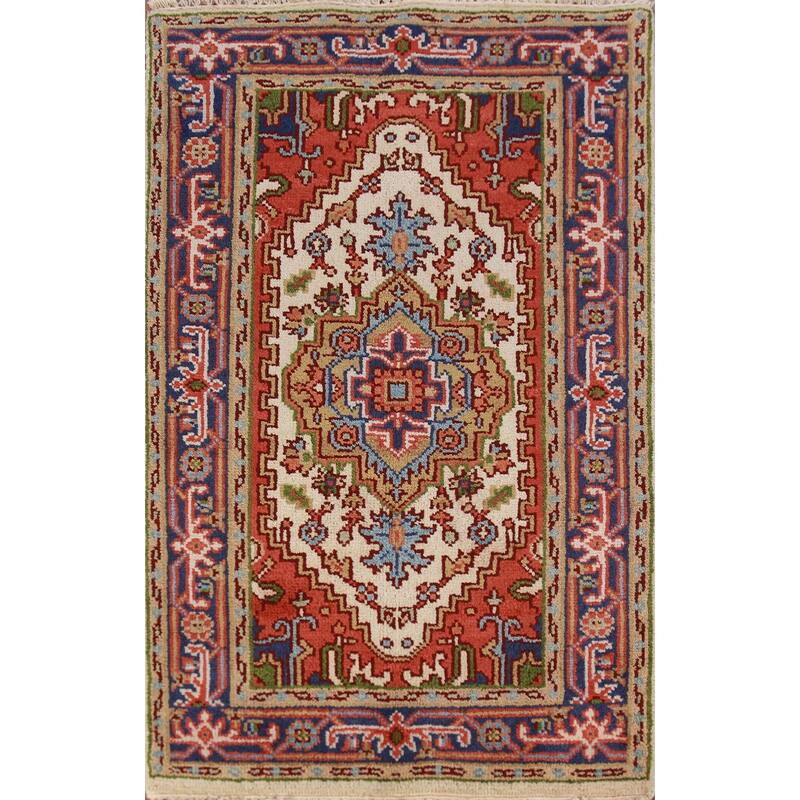 Ivory Geometric Heriz Serapi Indian Foyer Rug Handmade Wool Carpet - 3'0"x 4'11"