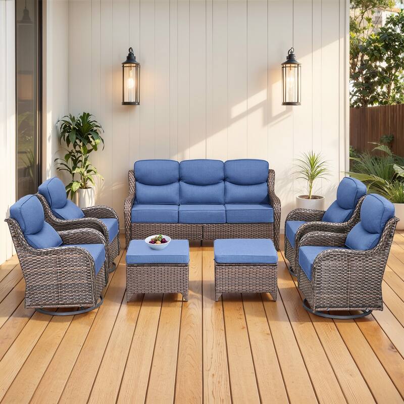 Gymojoy 7-Piece Patio Furniture Set with Swivel Glider Chairs, 6-Inch Ultra-Plush Cushions & Water-Resistant Olefin Fabric - Brown Wicker / Blue Cusion - 7-Piece
