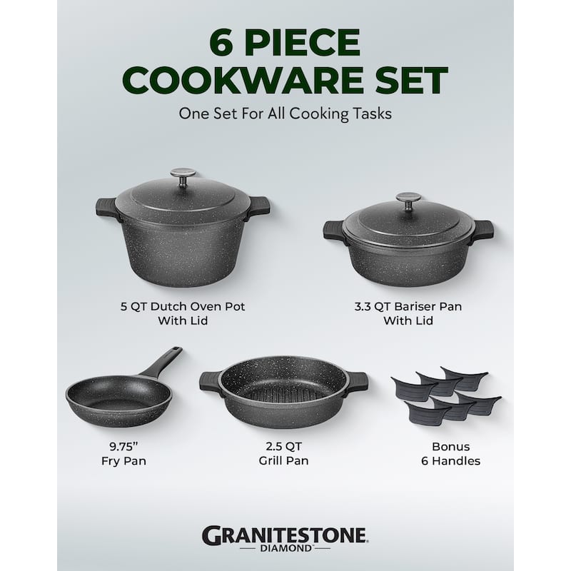 Granitestone Diamond 6 Piece Nonstick Heavy Duty Nesting Pots Cookware Set