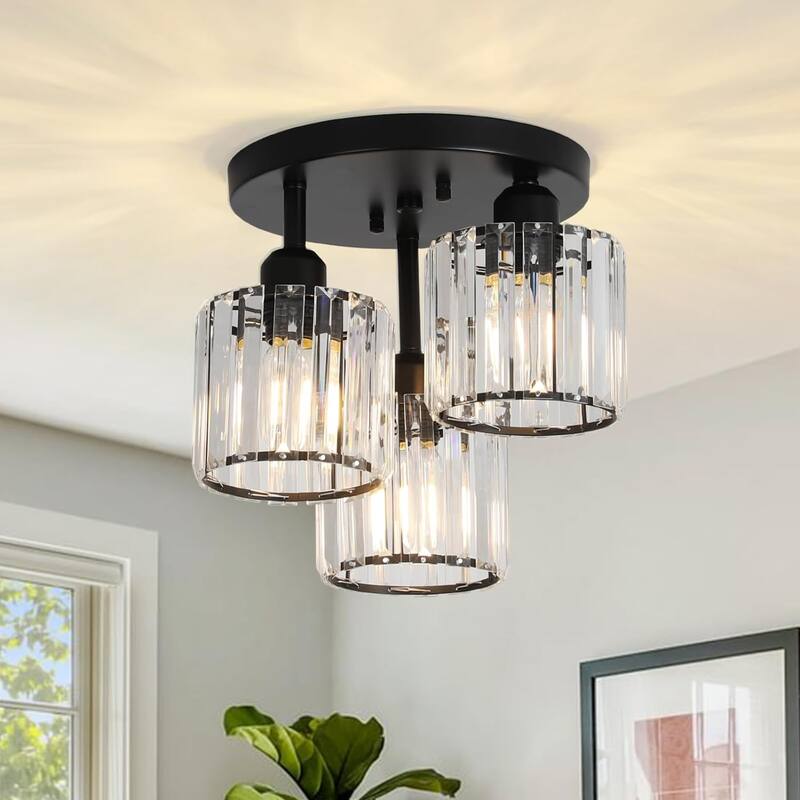 Crystal Semi Flush Mount Ceiling Light,3-Light Modern Close to Ceiling Light Fixtures,Kitchen Light Fixtures - Black