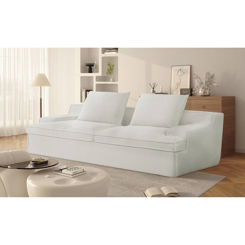 Oversized Full Foam 4 Seater Corduroy Couch, 90 Inch Wide, Ivory, No Assembly