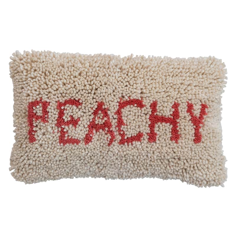 Tufted Wool and Cotton Lumbar Pillow with "Peachy" Message - Polyester - Single - 24.0"L x 14.0"W x 2.0"H - Accent - Ivory