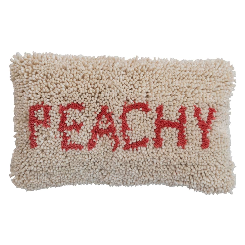 Tufted Wool and Cotton Lumbar Pillow with "Peachy" Message
