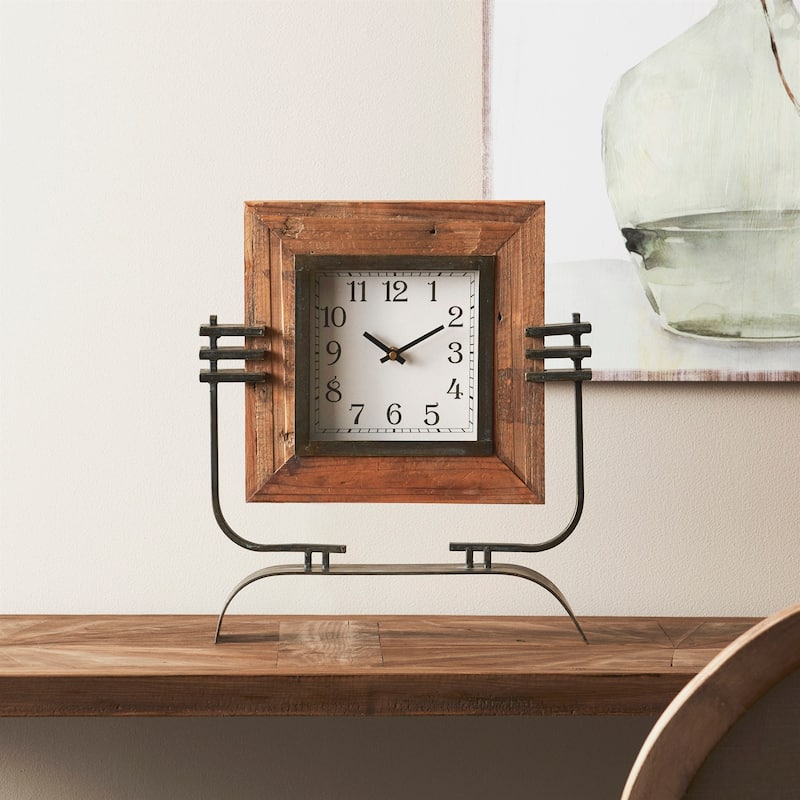 Wood Square Clock on Rustic Metal Stand 17.5"H