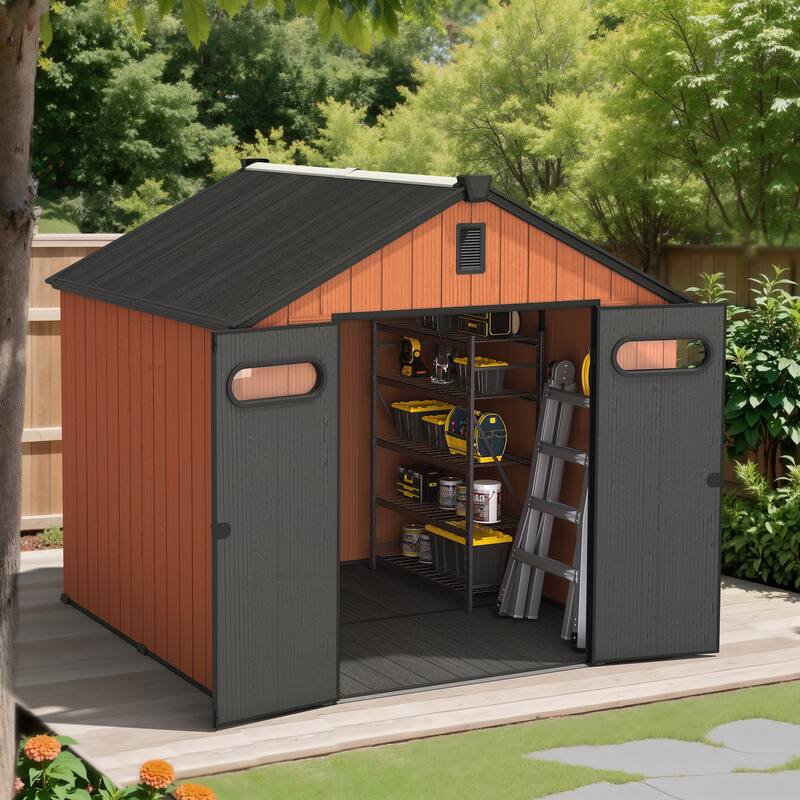 8X8 FT All-Weather Waterproof Outdoor Resin Storage Shed Windows Lockable Door with Floor for Patio Furniture and Tools