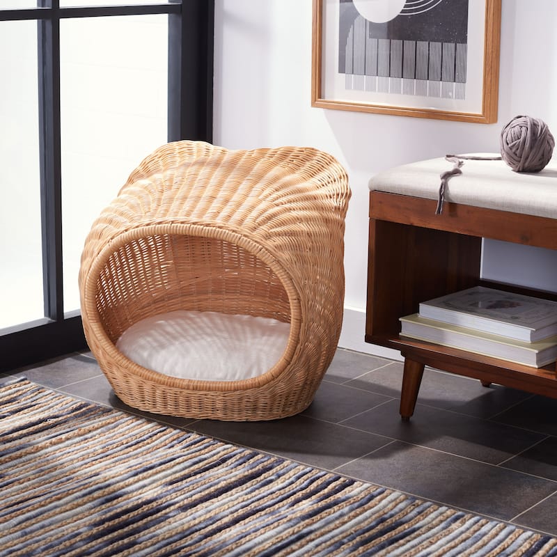 SAFAVIEH Hildeburg Cat Bed with Cushion - 20 In W x 17 In D x 19 In H - 20Wx17Dx19H - 20Wx17Dx19H - White/Honey Natural