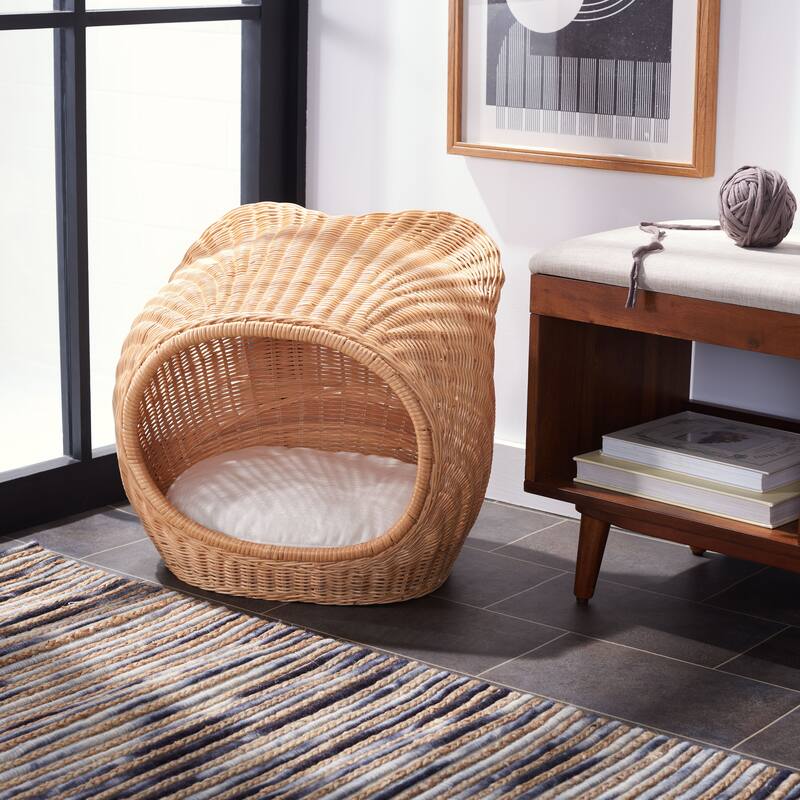 SAFAVIEH Pet Collection Toru Cat Bed W/ Cushion - 20 IN W x 17 IN D x 19 IN H - Polyester - 20 IN W x 17 IN D x 19 IN H - White/Honey Natural